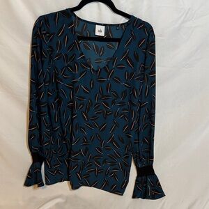 CAbi Blue and Black Leaf Print Blouse
